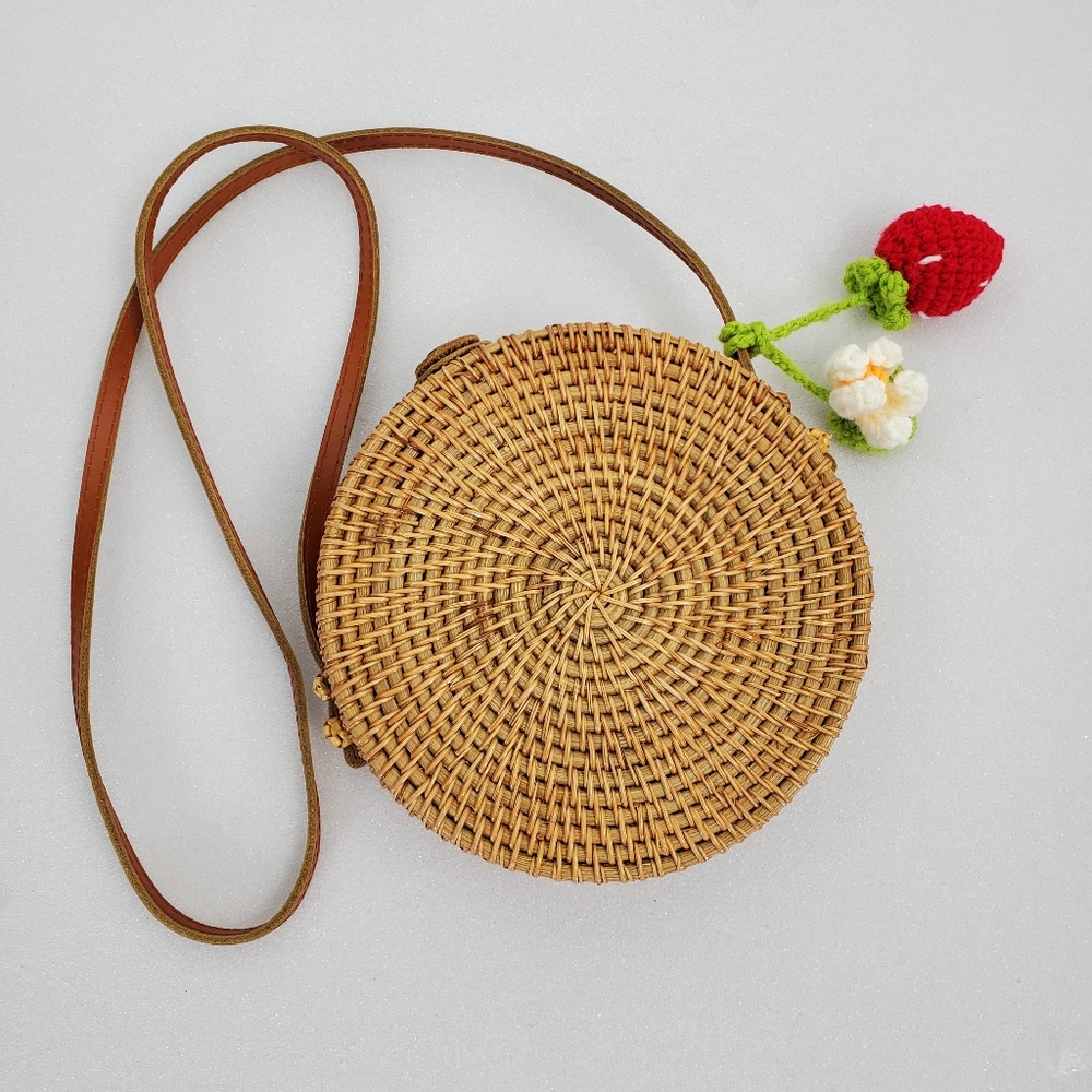 RATTAN Cross Body Brown Basket Weave Round HAND BAG PURSE = Unbranded